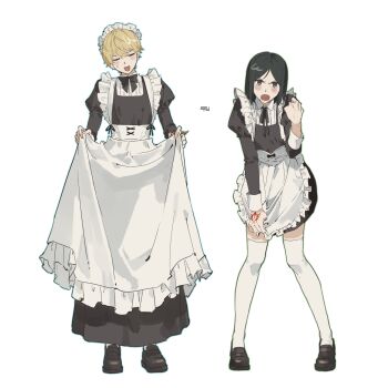 2boys absurdres alternate_costume apron apron_hold apron_tug black_bow black_bowtie black_dress black_hair black_ribbon black_shoes blonde_hair blush bow bowtie command_spell commentary_request crossdressing crossdressing_(mtf) dress enmaided facing_viewer fate/strange_fake fate/zero fate_(series) flat_escardos frilled_apron frilled_hairband frills full_body glaring grey_eyes hairband highres juliet_sleeves korean_commentary loafers long_sleeves looking_at_viewer maid maid_apron maid_headdress male_maid multiple_boys neck_ribbon open_mouth potato_goril puffy_sleeves ribbon shoes simple_background sleeve_cuffs sweat tearing_up thighhighs time_paradox waver_velvet white_apron white_background white_headdress white_thighhighs