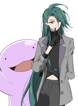 1girl alternate_color black_gloves coat commentary earrings gen_2_pokemon gloves go_mi_111 green_hair grey_coat highres jewelry long_hair navel necklace nintendo pants pokemon pokemon_masters_ex quagsire red_eyes rika_(palentine's_2026)_(pokemon) rika_(pokemon) shiny_pokemon simple_background symbol-only_commentary white_background