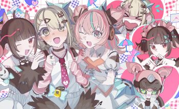 Rule 34 | > <, 3girls, :d, @ @, angels of delusion, aqua streaks, aria (zenless zone zero), arm warmers, bandaid, bandaid hair ornament, black choker, black hair, blush, choker, collared shirt, crossed bangs, dress, earrings, fur-trimmed sleeves, fur trim, gloves, green eyes, green hair, green halo, hair between eyes, hair ornament, halo, heart, heart hands, highres, humanoid robot, ikiteru lll, jewelry, mechanical ears, multicolored hair, multiple girls, multiple hair clips, musical note earrings, nangong yu, necktie, one eye closed, open mouth, pink arm warmers, pink gloves, pink hair, ponytail, red eyes, red necktie, robot, robot girl, shirt, short twintails, smile, sparkling eyes, streaked hair, striped arm warmers, sunna (zenless zone zero), twintails, white dress, white shirt, zenless zone zero