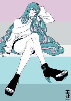 1girl absurdres ada_(naruto) blue_eyes blue_hair blunt_bangs boruto:_naruto_next_generations commentary_request crossed_legs dress earrings elbow_rest frown high_heels highres ikkiritsu jewelry limited_palette mole mole_under_eye multicolored_hair naruto_(series) necklace off-shoulder_dress off_shoulder open-toe_shoes pink_hair solo streaked_hair twitter_username two-tone_hair