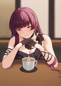 1girl bare_shoulders bbk_(13zk) black_gloves blunt_bangs breasts cleavage closed_mouth coffee collarbone commentary cup earrings english_commentary girls'_frontline girls'_frontline_2:_exilium gloves highres jewelry large_breasts long_hair looking_at_viewer makiatto_(girls'_frontline_2) official_art pink_eyes purple_hair smile solo wa2000_(ballroom_interlude)_(girls'_frontline) wa2000_(girls'_frontline)