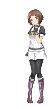 Rule 34 | 1girl, artist request, baseball uniform, belt, black belt, black eyes, black gloves, black pantyhose, boots, brown belt, brown boots, brown hair, cinderella series, fingerless gloves, gloves, hachigatsu no cinderella nine, highres, looking at viewer, makino hana, multicolored belt, official art, open mouth, pantyhose, seijou baseball uniform, shirt, short hair, short sleeves, shorts, solo, sportswear, striped clothes, striped shirt, striped shorts, transparent background, white shirt, white shorts