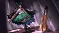 Rule 34 | 1girl, arm cannon, black hair, black socks, black wings, bow, bow (music), cape, commentary request, full body, green bow, green skirt, hair bow, highres, indoors, instrument, long hair, looking at viewer, red eyes, reiuji utsuho, shirt, short sleeves, skirt, socks, solo, third eye, touhou, ushitsuchi, violin, weapon, white shirt, wings