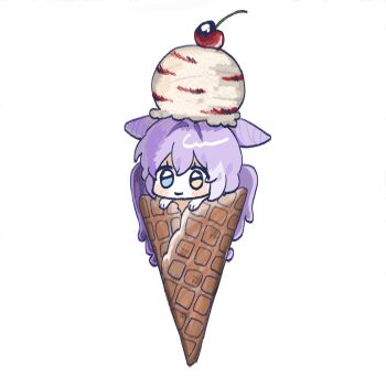 1girl blue_eyes blush_stickers cherry chibi chibi_only commentary_request cone_hair_bun double_bun food fruit hair_bun heterochromia highres ice_cream ice_cream_cone korean_commentary long_hair ma_nullllllllll purple_hair simple_background solo stellive tenko_shibuki virtual_youtuber white_background yellow_eyes