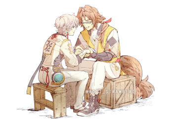 Rule 34 | 2boys, black shoes, brown hair, brown tail, chinese clothes, closed eyes, commentary request, droopy ears, earrings, facial mark, forehead mark, full body, glasses, grey hair, holding hands, implied yaoi, jewelry, male focus, multiple boys, official alternate costume, open mouth, orange vest, pants, parted lips, roti strawberi, shoes, short hair, simple background, sitting, tassel, tassel earrings, twitter username, vest, white background, white pants, wise (soaring crane) (zenless zone zero), wise (zenless zone zero), wooden box, ye shiyuan, zenless zone zero
