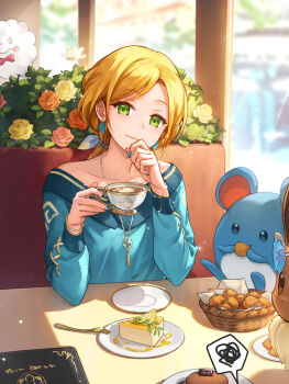 1girl blonde_hair bracelet cafe cake closed_mouth coffee collarbone commentary_request cup day eating eevee food fork gen_1_pokemon gen_2_pokemon gen_6_pokemon green_eyes highres holding holding_cup indoors jewelry long_hair looking_at_viewer marill nail_polish necklace nintendo off-shoulder_sweater off_shoulder original plate pokemon pokemon_(creature) ponytail saucer shine_cheese smile spoken_squiggle squiggle sweater swirlix teacup window
