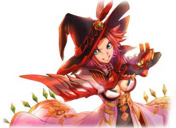 1girl blue_eyes blush breasts code_geass code_geass:_lost_stories commentary_request f4samurai fire hat highres kouzuki_kallen official_art red_hair short_hair smile solo teeth witch witch_hat