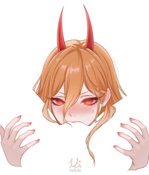 Rule 34 | 2girls, chainsaw man, commentary, cross-shaped pupils, hair between eyes, highres, horns, hotokeshiz, long hair, meme, multiple girls, negative space, negative space cunnilingus (meme), power (chainsaw man), red eyes, red horns, signature, symbol-shaped pupils, yuri