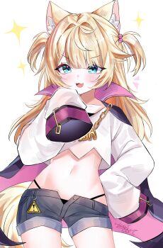 1girl animal_ear_fluff animal_ears black_panties black_shorts blonde_hair blue_eyes blush cat_ears cat_girl cat_tail commentary cowboy_shot cropped_shirt cuemew_(vtuber) english_commentary highres indie_virtual_youtuber long_hair long_sleeves looking_at_viewer navel open_mouth panties parted_bangs sharkyyuna shirt short_shorts shorts sign simple_background sleeves_past_fingers sleeves_past_wrists smile solo sparkle stomach tail two_side_up underwear virtual_youtuber warning_sign white_background white_shirt