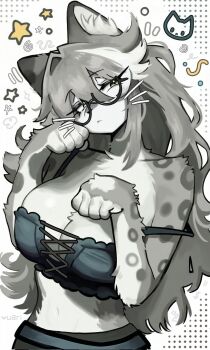 1girl animal_ears animal_nose artist_name bare_shoulders breasts cleavage closed_mouth drawn_whiskers furry furry_female glasses grey_fur grey_hair hair_between_eyes highres large_breasts long_hair looking_at_viewer multicolored_hair navel original paw_pose simple_background snow_leopard_ears snow_leopard_girl solo streaked_hair two-tone_fur valleedolla white_fur yellow_eyes