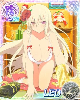 Rule 34 | 1girl, all fours, aquarius (symbol), aries (symbol), blonde hair, bow, bow bra, box, bra, breasts, cancer (symbol), capricorn (symbol), card (medium), character name, cleavage, dodecagram, flower, food, fruit, gemini (symbol), gold, gold bar, hair between eyes, hanging breasts, lens flare, leo (senran kagura), leo (symbol), libra (symbol), long hair, looking at viewer, mandarin orange, new year, official art, panties, pisces (symbol), red flower, red rose, ribbon-trimmed bra, ribbon-trimmed panties, ribbon trim, rose, sagittarius (symbol), school emblem, scorpio (symbol), senran kagura, senran kagura new wave, socks, solo, taurus (symbol), underwear, very long hair, virgo (symbol), white bra, white panties, white socks, zodiac wheel