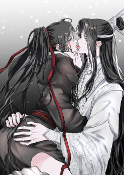 2boys ahoge ass bare_shoulders bishounen black_hair black_hanfu blue_eyes blush chinese_clothes couple french_kiss from_side grabbing_another&#039;s_ass gradient_background groping hair_ribbon hand_on_another&#039;s_chin hands_on_another&#039;s_ass hanfu headband highres kiss lan_wangji long_hair long_sleeves looking_at_another male_focus modao_zushi multiple_boys naruse_(kmk648) off_shoulder open_mouth ponytail profile red_ribbon red_sash ribbon robe sash sidelocks sitting sitting_on_lap sitting_on_person straddling tongue tongue_out topknot very_long_hair wei_wuxian white_hanfu white_headband wide_sleeves xiao_guan_(headdress) yaoi yellow_eyes