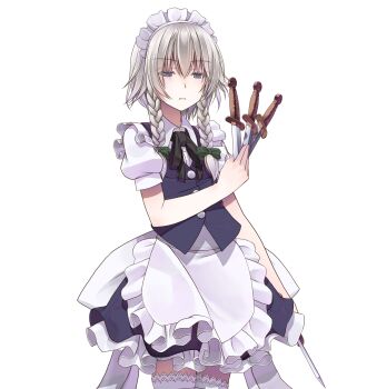 Rule 34 | 1girl, apron, arm at side, black ribbon, blue eyes, blue skirt, blue vest, bow, braid, buttons, closed mouth, commentary request, cowboy shot, crote, frilled apron, frills, green bow, grey hair, hair between eyes, hair bow, hand up, highres, holding, holding knife, izayoi sakuya, knife, large variant set, maid, maid apron, maid headdress, neck ribbon, petticoat, puffy short sleeves, puffy sleeves, ribbon, shirt, short hair, short sleeves, skirt, sleeve cuffs, solo, squinting, standing, thighhighs, touhou, transparent background, twin braids, variant set, vest, white apron, white headdress, white shirt, white thighhighs