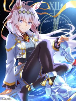 1girl absurdres ahoge animal_ears black_pantyhose blue_eyes breasts brooch clock closed_mouth clothing_cutout commentary_request cropped_jacket diamond_brooch ear_ornament glass_slipper grey_hair grey_leotard grey_tail hair_between_eyes hair_ornament hair_ribbon hairband highres hip_vent holding holding_shoes holding_unworn_clothes horse_ears horse_girl horse_tail jacket jewelry leotard long_hair long_sleeves looking_at_viewer multicolored_hair neckerchief official_alternate_costume oguri_cap_(cinderella_gray)_(umamusume) oguri_cap_(umamusume) overskirt pantyhose ponytail red_neckerchief ribbon shirt shoes shorts smile solo star_brooch tail u-sukio. umamusume umamusume:_cinderella_gray unworn_shoes white_jacket white_shorts