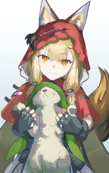 1girl absurdres animal animal_ear_fluff animal_ears arknights arknights:_endfield black_gloves cape chinese_commentary closed_mouth commentary_request gloves highres hood hooded_cape looking_at_viewer mizuhashi_parusui orange_eyes rabbit red_cape rossi_(arknights) simple_background tail white_background wolf_ears wolf_girl wolf_tail