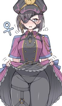 1girl absurdres azuki_(ne_4zk) black_hair black_hat black_panties blush breasts clothes_lift commentary_request dress dress_lift eyepatch fate/grand_order fate_(series) grey_eyes hair_over_one_eye hat highres mysterious_ranmaru_x_(fate) open_mouth panties pantyhose peaked_cap purple_dress short_hair short_sleeves simple_background solo underwear venus_symbol white_background