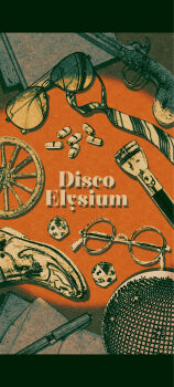 copyright_name dice disco_ball disco_elysium drugs english_text flashlight glasses gun handgun highres horrific_necktie letterboxed no_humans object_focus paper_stack pen pill shoes spotlight tados weapon