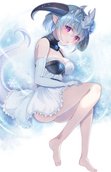 1girl absurdres aqua_hair bare_legs blue_flower blush breasts chest_guard cleavage detached_collar dragon_girl dragon_horns dragon_tail dress filene_(shadowverse) flower flower_ornament frilled_dress frills from_above gauntlets gem gloves hair_between_eyes hair_flower hair_ornament headpiece highres horns jewelry looking_at_viewer medium_breasts pointy_ears purple_eyes shadowverse shimada_(smd_dms) short_dress short_hair smile snowflakes solo tail white_dress white_gloves