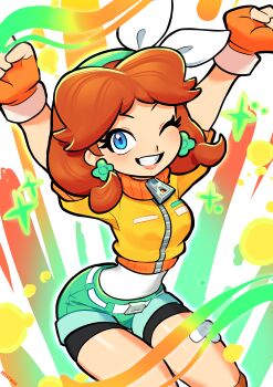 1girl absurdres aqua_hairband aqua_shorts arched_back arms_up bike_shorts bike_shorts_under_shorts black_shorts blue_eyes bow brown_hair commentary_request cropped_jacket denim denim_shorts earrings fingerless_gloves flipped_hair flower_earrings gloves grin hairband highres jacket jewelry kellymae mario_(series) mario_kart mario_kart_world nintendo official_alternate_costume one_eye_closed orange_gloves orange_jacket orange_socks parted_bangs princess_daisy princess_daisy_(touring) short_twintails shorts smile socks solo twintails undershirt white_bow zipper_pull_tab