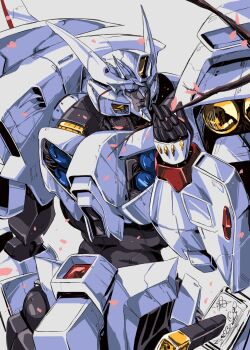 absurdres armor blue_eyes cherry_blossoms drift_(transformers) helmet highres hinomars19 humanoid_robot machine mecha no_humans robot science_fiction shoulder_armor simple_background transformers v-fin