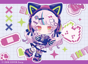 Rule 34 | 1girl, animal ear headphones, animal ears, aqua hair, arm warmers, bandaid, belt, black arm warmers, black belt, black choker, black shirt, blush, chibi, chibi only, choker, closed mouth, commentary request, company name, copyright notice, dot mouth, dot nose, fake animal ears, hair ornament, headphones, heart, heart hair ornament, hololive, letterboxed, long hair, looking at viewer, multicolored hair, murasaki shion, murasaki shion (8th costume), official alternate costume, official alternate hairstyle, official art, orange eyes, paw hair ornament, pleated skirt, purple hair, sample watermark, shirt, skirt, solo, streaked hair, striped arm warmers, virtual youtuber, watermark, white arm warmers, white skirt, yumenouchi chiharu