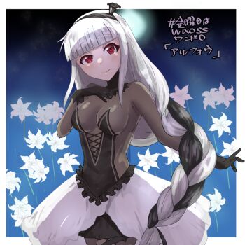 1girl alfou_(wixoss) black_bodysuit black_dress black_hair bodysuit border braid braided_ponytail breasts cleavage closed_mouth dress grey_hair long_hair looking_at_viewer medium_breasts moepi_(itsuka05) multicolored_hair red_eyes sidelocks smile solo streaked_hair very_long_hair white_border wixoss