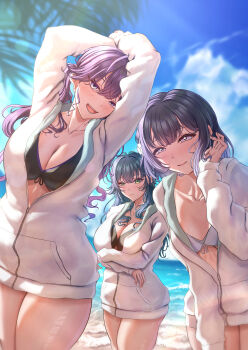 Rule 34 | 3girls, :d, absurdres, adjusting hair, arms behind head, beach, bikini, black bikini, blue sky, breasts, cleavage, commentary request, crossed arms, flower, gakuen idolmaster, green eyes, green hair, hair between eyes, hair flower, hair ornament, hataya misuzu, highres, idolmaster, jacket, kaya rinha, kimi to semi blue (idolmaster), large breasts, long hair, long sleeves, looking at viewer, medium breasts, misanga (hxjd5354), mole, mole under mouth, multiple girls, open mouth, outdoors, paid reward available, palm leaf, partially unzipped, purple eyes, purple hair, short hair, sky, smile, swimsuit, tsukimura temari, twintails, white bikini, white jacket