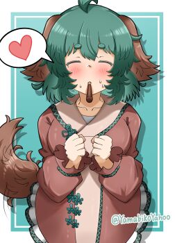 1girl absurdres ahoge animal_ears blush brown_dress closed_eyes commentary dog_ears dog_tail dress facing_viewer food green_background green_hair heart highres kasodani_kyouko long_sleeves outline pocky pocky_day short_eyebrows short_hair solo spoken_heart sweat symbol-only_commentary tail touhou twitter_username white_outline yamabikoyahoo