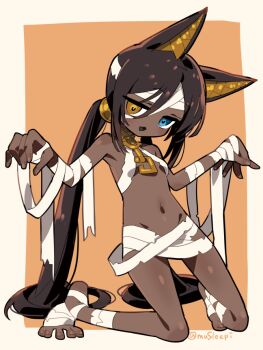 1girl ancient_egyptian ancient_egyptian_clothes animal_ears artist_name bandaged_arm bandaged_foot bandaged_head bandages bare_shoulders blue_eyes border breasts brown_hair commentary_request dark-skinned_female dark_skin full_body heart heart-shaped_pupils heterochromia jitome kneeling long_hair looking_at_viewer low_twintails mummy_costume naked_bandage navel orange_background original outside_border parted_lips simple_background small_breasts smile solo suzu_i symbol-shaped_pupils tiptoes toes twintails twitter_username very_long_hair white_border yellow_eyes