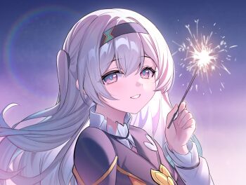 1girl black_hairband black_jacket blush commentary_request devl_ga_aru firefly_(honkai:_star_rail) fireworks gradient_hair green_hair grey_hair hair_between_eyes hair_ornament hairband highres holding holding_fireworks honkai:_star_rail honkai_(series) jacket long_hair looking_at_viewer multicolored_hair open_mouth pink_eyes smile solo