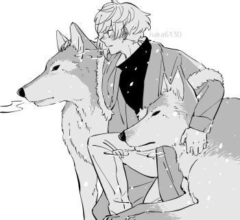 1boy blush breath ear_blush earrings fate/grand_order fate_(series) feet_out_of_frame from_side fur-trimmed_jacket fur_trim hair_between_eyes hand_on_animal highres jacket jewelry kadoc_zemlupus long_sleeves looking_ahead male_focus monochrome nakatani_(naka6130) neck_piercing on_one_knee pants parted_lips profile shirt short_hair simple_background snowing solo twitter_username white_background wolf