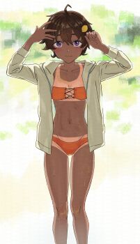 1girl 200-ko_no_chikara arms_up bikini blush breasts brown_hair cleavage cross-laced_bikini cross-laced_clothes dark-skinned_female dark_skin food-themed_hair_ornament hair_ornament jacket lemon_hair_ornament make_heroine_ga_oo_sugiru! navel open_clothes open_jacket orange_bikini purple_eyes short_hair small_breasts solo standing sweat swimsuit tan tanline thigh_gap tomboy white_jacket yakishio_lemon