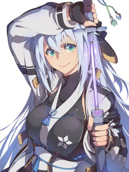 1girl black_ribbon blue_eyes bob_cut bow breasts chiharu_(9654784) closed_mouth coat commentary_request crossed_bangs double-parted_bangs eiyuu_densetsu fingerless_gloves floating_hair gloves hair_between_eyes hair_bow hair_ribbon half_updo highres holding holding_sheath holding_sword holding_weapon jacket katana kuro_no_kiseki_(series) kuro_no_kiseki_i large_breasts long_hair long_sleeves looking_at_viewer night open_clothes open_coat outdoors pommel_tassel popped_collar ribbon sheath shizuna_rem_misurugi simple_background smile solo sword tassel unsheathing weapon white_background white_hair