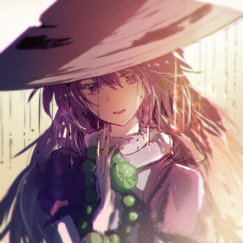 1girl ajirogasa bead_necklace beads blurry blurry_background colorful hat highres hijiri_byakuren jewelry looking_at_viewer necklace open_mouth purple_eyes purple_hair rain smile solo t0nys touhou water_drop