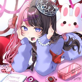 1girl absurdres almanju armband black_skirt blush bow bowtie box bracelet brown_bow brown_bowtie brown_hair brown_nails brown_sailor_collar candy cardigan chocolate chocolate_heart commentary digital_media_player fingernails food hair_bun hair_ornament hairclip heart heart-shaped_food highres ipod jewelry long_hair long_sleeves looking_at_viewer lying mouth_hold multicolored_hair nail_art nail_polish notebook on_stomach pink_hair pink_lips pink_nails pink_ribbon plaid_clothes plaid_skirt polka_dot polka_dot_bow purple_cardigan purple_eyes red_armband red_ribbon ribbon safety_pin sailor_collar school_uniform serafuku signature single_side_bun skirt smile solo split-color_hair stuffed_animal stuffed_rabbit stuffed_toy symbol-only_commentary tachibana_hinano tamagotchi_(virtual_pet) tiara two-tone_hair unworn_bow virtual_pet_(toy) virtual_youtuber vspo! white_serafuku