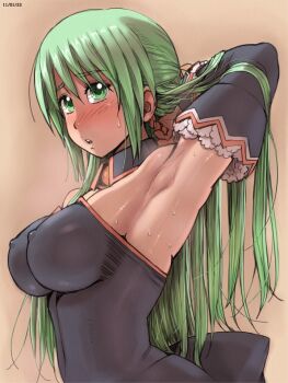 Rule 34 | 1girl, angel mort, armpits, arms behind head, arms up, blush, breasts, covered erect nipples, detached collar, detached sleeves, dress, female focus, green eyes, green hair, higurashi no naku koro ni, impossible clothes, impossible dress, large breasts, long hair, matching hair/eyes, navel, solo, sonozaki shion, sweat, waitress, zenkou