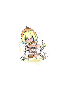 1girl anus blonde_hair blue_eyes blue_hair blush bomb_hair_ornament bomb_hat bombergirl bow bowtie breasts censored chibi clothes_pull embarrassed floral_print flower-shaped_pupils fuse_tail gloves hair_bobbles hair_ornament hat heart katakokuriko_46 large_breasts looking_at_viewer mary_janes multicolored_hair orange_bow orange_bowtie orange_hat panties panty_pull pantyhose pantyhose_pull pee_stain peeing pine_(bombergirl) print_bow print_bowtie puddle pussy shoes short_hair squatting stained_panties steam sweat symbol-shaped_pupils tail tail_bow tail_ornament tears trembling twintails two-tone_hair underwear white_background white_gloves white_panties white_pantyhose yellow_bow yellow_shoes