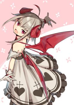 1girl ahoge arm_strap backless_dress backless_outfit bag bare_shoulders belt blush bracelet collar colored_tips cross cross_print curled_horns demon_girl demon_horns demon_wings dress dyed_ahoge fang frilled_dress frills from_above from_behind full_body gloves grey_hair hair_between_eyes handbag heart heart_print highres horns jewelry ksk_(semicha_keisuke) long_dress looking_at_viewer looking_back makaino_ririmu makaino_ririmu_(1st_costume) multicolored_hair nijisanji off-shoulder_dress off_shoulder open_hand open_mouth outstretched_arms pink_background pointy_ears red_bag red_collar red_eyes red_horns red_streaks red_wings short_hair shoulder_bag sidelocks skin_fang smile solo spread_arms standing streaked_hair virtual_youtuber white_background white_dress white_gloves wings