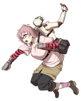 1girl 1other absurdres arm_guards assistant_(mechanical_buddy_universe) blush breasts freckles glasses green_eyes highres holding humanoid_robot kato_takuji layered_sleeves long_sleeves mangabot_(mechanical_buddy_universe) mechanical_buddy_universe open_mouth pants pink_hair robot science_fiction shirt shoes short_hair short_over_long_sleeves short_sleeves shorts t-shirt weapon