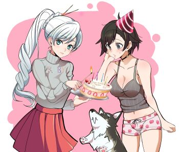 2girls absurdres birthday_cake black_choker black_hair blue_eyes breasts cake camisole candle choker cleavage dog earrings floral_print food fruit grey_camisole grey_eyes grey_sweater happy_birthday hat high_ponytail highres holding holding_tray jewelry krius_ol long_hair looking_at_food looking_at_viewer medium_breasts multiple_girls party_hat ponytail red_skirt rose_print ruby_rose rwby scar scar_across_eye scar_on_face short_hair short_shorts shorts skirt strawberry sweater tray turtleneck turtleneck_sweater very_long_hair weiss_schnee welsh_corgi white_hair zwei_(rwby)