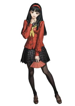 1girl amagi_yukiko black_hair black_sailor_collar black_skirt blunt_bangs brown_eyes brown_pantyhose cardigan clenched_hand closed_mouth commentary eyelashes folding_fan full_body h4sh1rnoto hair_over_shoulder hairband hand_fan hand_up highres holding holding_fan legs_apart loafers long_hair long_sleeves looking_at_viewer neckerchief pantyhose penny_loafers persona persona_4 pleated_skirt print_skirt red_cardigan red_hairband sailor_collar school_uniform skirt solo standing straight_hair white_background yasogami_school_uniform yellow_neckerchief