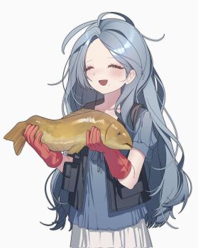 0_o_s_k 1girl :d ^_^ animal black_vest blue_hair blue_shirt blush closed_eyes commentary corrupted_twitter_file cowboy_shot fish gloves hashtag-only_commentary highres holding holding_animal holding_fish long_hair mole mole_under_mouth open_clothes open_mouth open_vest original parted_bangs pleated_skirt red_gloves shirt short_sleeves simple_background skirt smile solo vest white_background white_skirt