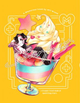 1boy :3 android black_eyes black_hair black_pants boots crossed_arms dessert english_text food full_body haihiirutteiina hair_over_one_eye high_heel_boots high_heels highres ice_cream in_food knee_boots looking_at_viewer lying male_focus metal_skin mettaton mettaton_ex on_stomach one_eye_covered pants pink_boots short_hair smile solo star_(symbol) sundae swept_bangs undertale utdr_(toby_fox) yellow_background