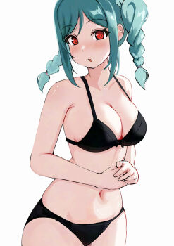 1girl :o aqua_hair bare_arms bikini black_bikini blush braid breasts cleavage collarbone heart heart-shaped_pupils highres looking_at_viewer medium_breasts navel open_mouth original parted_bangs pisagi red_eyes sidelocks simple_background solo standing swimsuit symbol-shaped_pupils twin_braids white_background