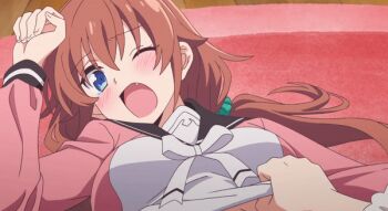 2girls animated animated_gif assisted_exposure black_sailor_collar blue_eyes blush bouncing_breasts bow bra bra_lift breasts brown_hair closed_eyes clothes_lift frey_(megami-ryou_no_ryoubo-kun) jacket kouroya_sutea long_hair long_sleeves low_twintails lying medium_breasts megami-ryou_no_ryoubo-kun multicolored_jacket multiple_girls on_floor one_breast_out one_eye_closed open_mouth pink_bra pink_jacket sailor_collar school_uniform serafuku sharp_teeth shirt shirt_lift teeth twintails two-tone_jacket underboob underwear undressing white_bow white_jacket white_shirt