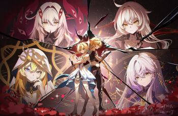 1boy 5girls aether_(genshin_impact) asmoday_(genshin_impact) bare_shoulders black_boots blonde_hair blue_eyes boots braid braided_ponytail brother_and_sister brown_pants brown_shirt crop_top cropped_shirt dress eye_hair_ornament finger_to_mouth genshin_impact hair_intakes heterochromia highres hood istaroth_(genshin_impact) long_hair lumine_(genshin_impact) miaogujun midriff multiple_girls pants purple_hands rhinedottir_(genshin_impact) ronova_(genshin_impact) shirt short_hair_with_long_locks siblings sidelocks single_braid thighhighs white_dress white_hood white_thighhighs yellow_eyes