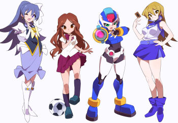 4girls aile_(mega_man_zx) aiming aiming_at_viewer arm_cannon armor black_bodysuit black_vest blue_armor blue_hair blue_helmet blue_sky bodysuit boots bow bowtie breasts brown_eyes brown_hair card closed_mouth commentary_request crossover crotch_plate cure_tender dress duel_academy_uniform_(yu-gi-oh!_gx) forehead_jewel greyscale group_picture hand_on_own_hip happinesscharge_precure! helmet high_ponytail hikawa_maria holding holding_card inazuma_eleven inazuma_eleven_(series) kaidou_zx kobayashi_sanae light_trail long_hair looking_at_viewer medium_breasts mega_man_(series) mega_man_zx miniskirt model_x_(mega_man) monochrome multiple_crossover multiple_girls open_mouth pleated_skirt ponytail precure purple_dress purple_eyes purple_skirt raimon_natsumi school_uniform shirt shoes short_sleeves simple_background skirt sky sleeveless sleeveless_shirt smile standing tenjouin_asuka trading_card very_long_hair vest voice_actor_connection weapon white_background white_shirt yu-gi-oh! yu-gi-oh!_gx