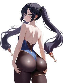 1girl ass ass_focus ass_support back backless_leotard backless_outfit bare_back bare_shoulders black_pantyhose blue_leotard breasts closed_mouth cowboy_shot earrings expressionless eyebrows eyelashes female_focus genshin_impact grabbing_own_ass green_eyes highleg highleg_leotard highres huge_ass jewelry leotard light_blush long_hair looking_at_viewer looking_back mihoyo mona_(genshin_impact) pantyhose simple_background small_breasts solo standing strapless strapless_leotard twintails white_background zetyi