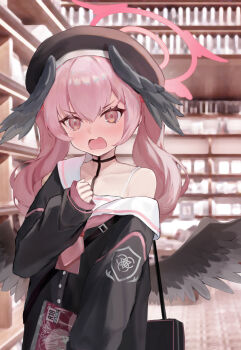 1girl angry bag beret black_hat black_serafuku black_wings blue_archive blush body_markings bookshelf bra_strap commentary commentary_request feathered_wings halo hand_up hat head_wings highres holding holding_manga koharu_(blue_archive) library long_hair long_sleeves looking_at_viewer low_wings manga_(object) neckerchief open_mouth pink_eyes pink_hair pink_halo pink_neckerchief sailor_collar school_uniform serafuku shoulder_bag single_bare_shoulder single_off_shoulder sleeves_past_wrists solo twintails upper_body white_sailor_collar winged_halo wings xixic-owo
