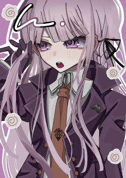 1girl :o black_gloves black_ribbon blush braid brown_necktie collared_shirt commentary_request danganronpa:_trigger_happy_havoc danganronpa_(series) gloves hair_ribbon highres jacket kirigiri_kyoko long_hair long_sleeves looking_to_the_side necktie open_clothes open_jacket oshioishii pink_eyes ribbon shirt side_braid solo white_shirt